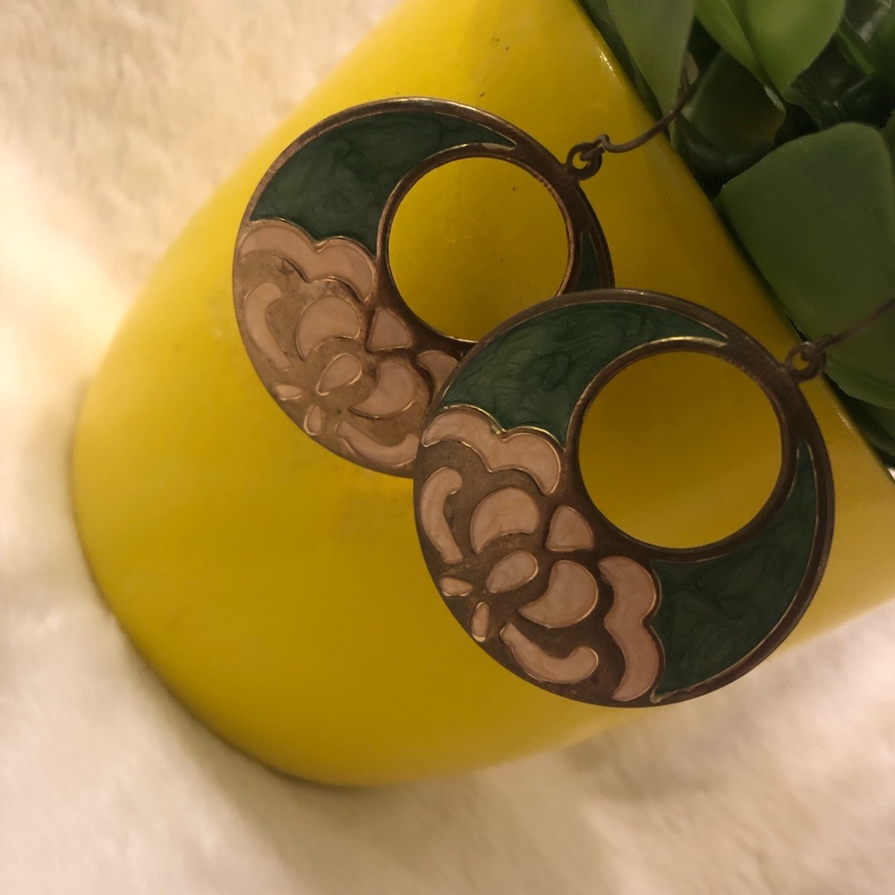 Lotus Pink and Green Enamel Earrings - Picture 5 of 5